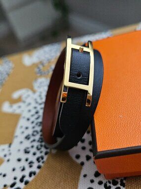 Hermès Leather Behapi Double Tour Bracelet Noir/Fauve - T2